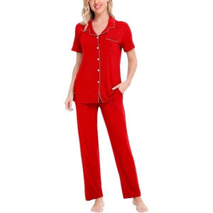 image:imageSWOMOG Women Pajama Sets TwoPiece Nightwear Short Sleeve Sleepwear Button Down Pj Lounge Sets with Long PantsRed