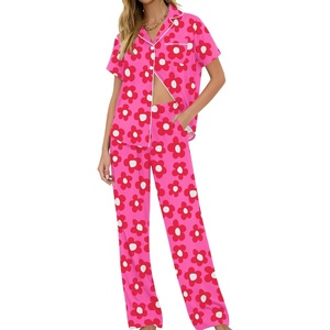 image:imageSWOMOG Women Pajama Sets TwoPiece Nightwear Short Sleeve Sleepwear Button Down Pj Lounge Sets with Long PantsRose Flower