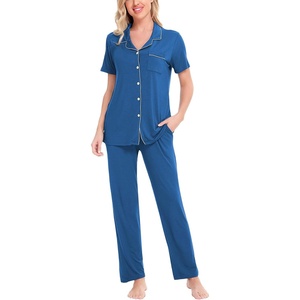 image:imageSWOMOG Women Pajama Sets TwoPiece Nightwear Short Sleeve Sleepwear Button Down Pj Lounge Sets with Long PantsRoyal Blue