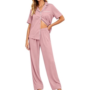 image:imageSWOMOG Women Pajama Sets TwoPiece Nightwear Short Sleeve Sleepwear Button Down Pj Lounge Sets with Long PantsTaro Purple