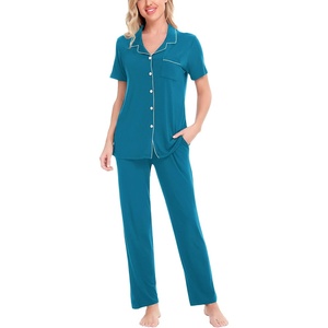 image:imageSWOMOG Women Pajama Sets TwoPiece Nightwear Short Sleeve Sleepwear Button Down Pj Lounge Sets with Long PantsTurquoise