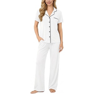 image:imageSWOMOG Women Pajama Sets TwoPiece Nightwear Short Sleeve Sleepwear Button Down Pj Lounge Sets with Long PantsWhite