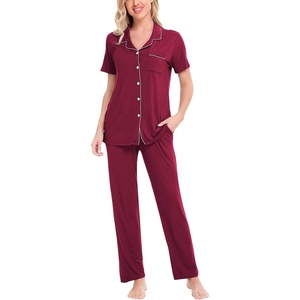 image:imageSWOMOG Women Pajama Sets TwoPiece Nightwear Short Sleeve Sleepwear Button Down Pj Lounge Sets with Long PantsWine Red