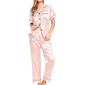 image:imageSWOMOG Women Satin Pajamas Set Short Sleeve Top amp Pants Sleepwear Silky Button Down Nightwear 2pcs Loungewear Pjs SetBlush Pink