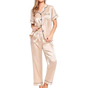 image:imageSWOMOG Women Satin Pajamas Set Short Sleeve Top amp Pants Sleepwear Silky Button Down Nightwear 2pcs Loungewear Pjs SetChampagne
