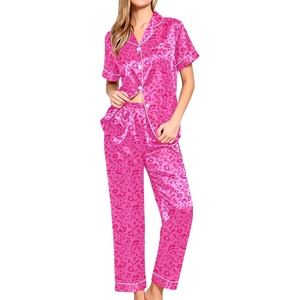 image:imageSWOMOG Women Satin Pajamas Set Short Sleeve Top amp Pants Sleepwear Silky Button Down Nightwear 2pcs Loungewear Pjs SetHot Pink Leopard