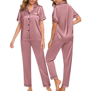 image:imageSWOMOG Women Satin Pajamas Set Short Sleeve Top amp Pants Sleepwear Silky Button Down Nightwear 2pcs Loungewear Pjs SetMisty Rose