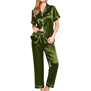 image:imageSWOMOG Women Satin Pajamas Set Short Sleeve Top amp Pants Sleepwear Silky Button Down Nightwear 2pcs Loungewear Pjs SetOlive Green