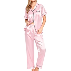 image:imageSWOMOG Women Satin Pajamas Set Short Sleeve Top amp Pants Sleepwear Silky Button Down Nightwear 2pcs Loungewear Pjs SetPink