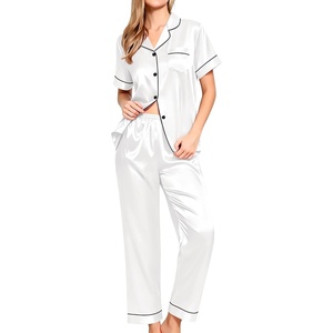 image:imageSWOMOG Women Satin Pajamas Set Short Sleeve Top amp Pants Sleepwear Silky Button Down Nightwear 2pcs Loungewear Pjs SetWhite