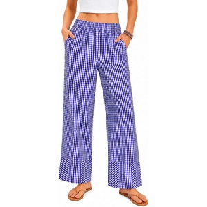 image:imageSWOMOG Womens 100 Cotton Pajama Pants Lightweight Gingham Lounge Bottoms Casual Wide Leg PJ Pants with PocketsBlue Plaid