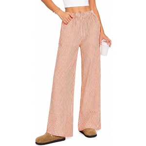 image:imageSWOMOG Womens 100 Cotton Pajama Pants Lightweight Gingham Lounge Bottoms Casual Wide Leg PJ Pants with PocketsOrange White Stripes