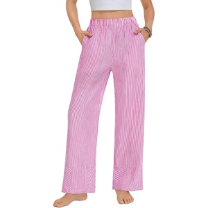 image:imageSWOMOG Womens 100 Cotton Pajama Pants Lightweight Gingham Lounge Bottoms Casual Wide Leg PJ Pants with PocketsPink White Stripes