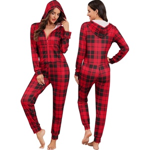 image:imageSWOMOG Womens Pajamas Jumpsuits Zipup Hoodie Union Jumpsuit Romper Long Sleeve Sexy Onesie Bodysuits One Piece SleepwearRed Black Grid