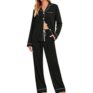 image:imageSWOMOG Womens Pajamas Set Long Sleeve Sleepwear Button Down Nightwear Soft Cotton Pj Lounge SetsBlack Grey