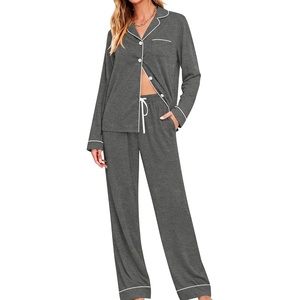 image:imageSWOMOG Womens Pajamas Set Long Sleeve Sleepwear Button Down Nightwear Soft Cotton Pj Lounge SetsDeep Grey