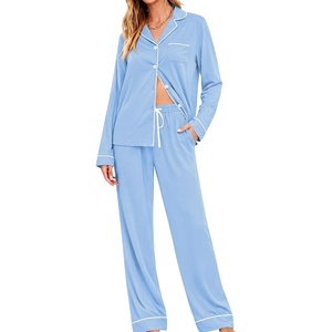 image:imageSWOMOG Womens Pajamas Set Long Sleeve Sleepwear Button Down Nightwear Soft Cotton Pj Lounge SetsLight Blue