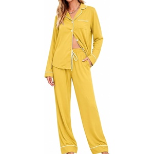 image:imageSWOMOG Womens Pajamas Set Long Sleeve Sleepwear Button Down Nightwear Soft Cotton Pj Lounge SetsPale Yellow