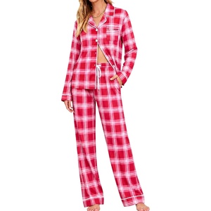 image:imageSWOMOG Womens Pajamas Set Long Sleeve Sleepwear Button Down Nightwear Soft Cotton Pj Lounge SetsRose Red Plaid