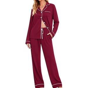 image:imageSWOMOG Womens Pajamas Set Long Sleeve Sleepwear Button Down Nightwear Soft Cotton Pj Lounge SetsWine Red