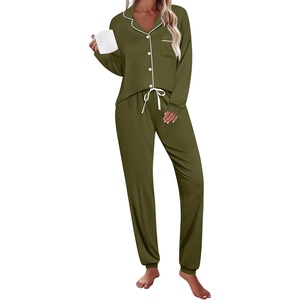 image:imageSWOMOG Womens Pajamas Set Long Sleeve Sleepwear Button Down Nightwear Soft Joggers PJs Sets with Pockets Lounge SetsArmy Green