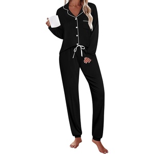 image:imageSWOMOG Womens Pajamas Set Long Sleeve Sleepwear Button Down Nightwear Soft Joggers PJs Sets with Pockets Lounge SetsBlack