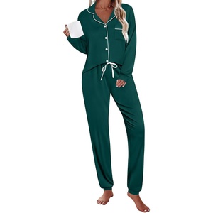 image:imageSWOMOG Womens Pajamas Set Long Sleeve Sleepwear Button Down Nightwear Soft Joggers PJs Sets with Pockets Lounge SetsDark Green
