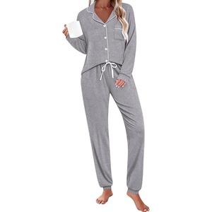 image:imageSWOMOG Womens Pajamas Set Long Sleeve Sleepwear Button Down Nightwear Soft Joggers PJs Sets with Pockets Lounge SetsGrey