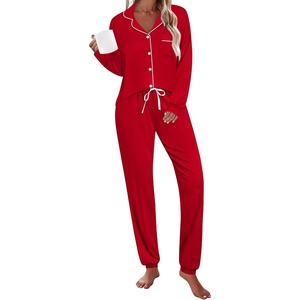 image:imageSWOMOG Womens Pajamas Set Long Sleeve Sleepwear Button Down Nightwear Soft Joggers PJs Sets with Pockets Lounge SetsRed