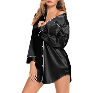 image:imageSWOMOG Womens Satin Sleep Shirt Long Sleeve Sleepwear Silk Nightshirt Button Down Pajama TopBlack