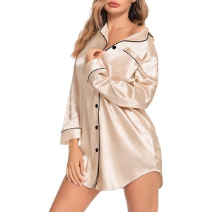 image:imageSWOMOG Womens Satin Sleep Shirt Long Sleeve Sleepwear Silk Nightshirt Button Down Pajama TopChampagne