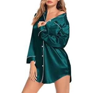 image:imageSWOMOG Womens Satin Sleep Shirt Long Sleeve Sleepwear Silk Nightshirt Button Down Pajama TopDeep Green