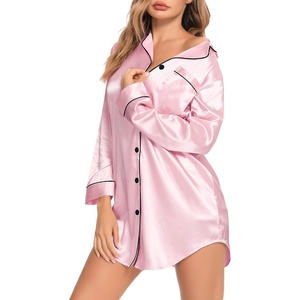 image:imageSWOMOG Womens Satin Sleep Shirt Long Sleeve Sleepwear Silk Nightshirt Button Down Pajama TopGpink