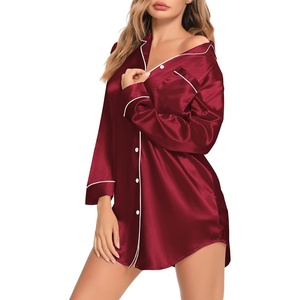 image:imageSWOMOG Womens Satin Sleep Shirt Long Sleeve Sleepwear Silk Nightshirt Button Down Pajama TopGwine Red