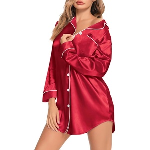 image:imageSWOMOG Womens Satin Sleep Shirt Long Sleeve Sleepwear Silk Nightshirt Button Down Pajama TopRed