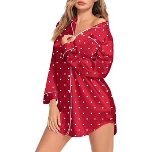 image:imageSWOMOG Womens Satin Sleep Shirt Long Sleeve Sleepwear Silk Nightshirt Button Down Pajama TopRed Dot