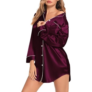 image:imageSWOMOG Womens Satin Sleep Shirt Long Sleeve Sleepwear Silk Nightshirt Button Down Pajama TopWineberry