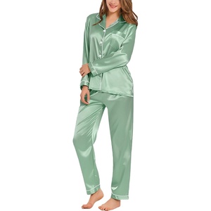 image:imageSWOMOG Womens Silk Satin Pajamas Set Long Sleeve Button Down Sleepwear 2 Piece Lounge Set Pj Set XS3XLAvocado Green