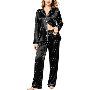 image:imageSWOMOG Womens Silk Satin Pajamas Set Long Sleeve Button Down Sleepwear 2 Piece Lounge Set Pj Set XS3XLBlack Dots