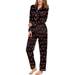 image:imageSWOMOG Womens Silk Satin Pajamas Set Long Sleeve Button Down Sleepwear 2 Piece Lounge Set Pj Set XS3XLBlack Kiss