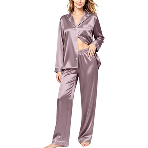 image:imageSWOMOG Womens Silk Satin Pajamas Set Long Sleeve Button Down Sleepwear 2 Piece Lounge Set Pj Set XS3XLChestnut