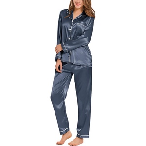 image:imageSWOMOG Womens Silk Satin Pajamas Set Long Sleeve Button Down Sleepwear 2 Piece Lounge Set Pj Set XS3XLDeep Grey