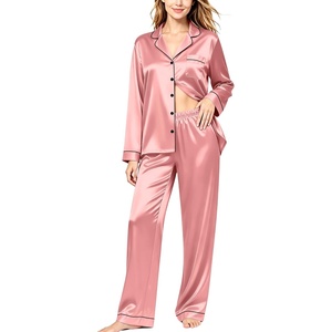 image:imageSWOMOG Womens Silk Satin Pajamas Set Long Sleeve Button Down Sleepwear 2 Piece Lounge Set Pj Set XS3XLDeep Misty Rose