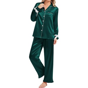 image:imageSWOMOG Womens Silk Satin Pajamas Set Long Sleeve Button Down Sleepwear 2 Piece Lounge Set Pj Set XS3XLGreen With Bow Tie