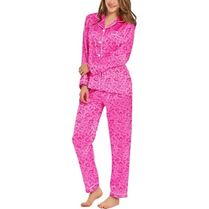 image:imageSWOMOG Womens Silk Satin Pajamas Set Long Sleeve Button Down Sleepwear 2 Piece Lounge Set Pj Set XS3XLHot Pink Leopard
