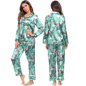 image:imageSWOMOG Womens Silk Satin Pajamas Set Long Sleeve Button Down Sleepwear 2 Piece Lounge Set Pj Set XS3XLPink Leaves