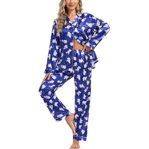 image:imageSWOMOG Womens Silk Satin Pajamas Set Long Sleeve Button Down Sleepwear 2 Piece Lounge Set Pj Set XS3XLPolar Bear Blue