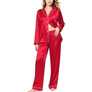 image:imageSWOMOG Womens Silk Satin Pajamas Set Long Sleeve Button Down Sleepwear 2 Piece Lounge Set Pj Set XS3XLRed Apple