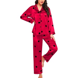 image:imageSWOMOG Womens Silk Satin Pajamas Set Long Sleeve Button Down Sleepwear 2 Piece Lounge Set Pj Set XS3XLRed Points