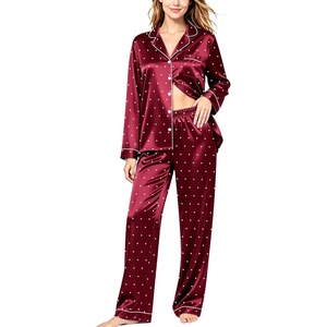 image:imageSWOMOG Womens Silk Satin Pajamas Set Long Sleeve Button Down Sleepwear 2 Piece Lounge Set Pj Set XS3XLWine Red Dots